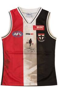 STEVEN BAKER'S ST.KILDA JUMPER, match worn with "Robert Harvey 324" logo, from the Robert Harvey commemorative match in 2006, with number "10" on reverse & signature on front. With St.Kilda CoA. [Steven Baker played 203 matches for St.Kilda 1999-2011, win