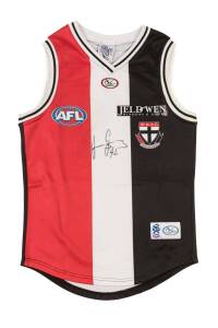 JARRYN GEARY'S ST.KILDA JUMPER, match worn from 2008 NAB Cup Grand Final v Adelaide, with number "42" on reverse & signature on front. With StKilda FC CoA. [Jarryn Geary played well throughout St.Kilda's 2008 NAB Cup winning campaign in his debut season, 