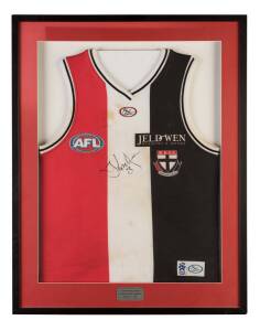 JUSTIN KOSCHITZKE'S ST.KILDA JUMPER, match worn v Western Bulldogs in 2008, with number "23" on reverse & signature on front, window mounted, framed & glazed, overall 69x88cm. With CoA. [Justin Koschitzke played 200 matches for St.Kilda 2001-2013, winning