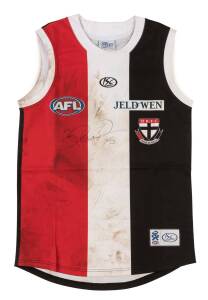 BRENDON GODDARD'S ST.KILDA JUMPER, match worn in his 150th match v Geelong in 2010, with number "18" on reverse & signature on front. With StKilda FC CoA. [Brendon Goddard played 205 matches for St.Kilda & 84+ for Essendon since 2003].