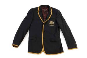 LUKE HODGES ALL-AUSTRALIAN BLAZER & PANTS, navy wool/polyester with pocket embroidered with Australian Coat-of-Arms & "ALL AUSTRALIAN/ 2005 2008 2010(C)", made by Wolf Kanat.