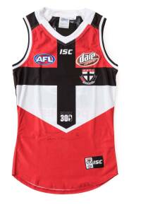 JACK NEWNES' ST.KILDA JUMPER, player issued for Rooey 300th match v Western Bulldogs, with number "16" on reverse & signatures on front & reverse, in original presentation box. With StKilda FC CoA.