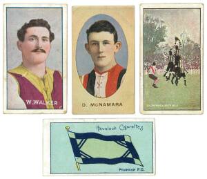 c1907-10 football cards, noted Sniders & Abrahams 1907-08 [3/56]; 1908-09 VFL [5/56] & VFA [1/20]; 1909-10 [3/60]; 1908-09 "Incidents in Play" [1/16]; 1908 Wills "Club Flags" [3/29]. Fair/VG. (Total 16].