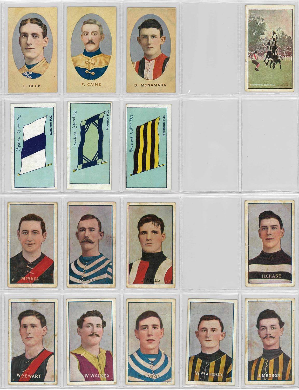 c1907-10 football cards, noted Sniders & Abrahams 1907-08 [3/56]; 1908-09  VFL [5/56] & VFA [1/20]; 1909-10 [3/60]; 1908-09 Incidents in Play [1/16];  1908 Wills Club Flags [3/29]. Fair/VG. (Total 16]