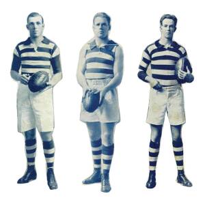 c1920 Football News "Geelong League and Association Stars" [3/14 known], cut-outs of Bert Rankin, Arthur Coghlan & Eric Fleming. Fair condition (players cut-out from posters). Rarity 9.