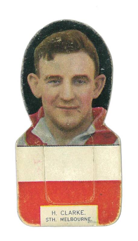 c1933 Wills "Football Portraits and Club Colours" Die-Cut Stand-up Cards, [1/5] H.Clarke (South Melbourne). Fair/G. Rarity 8.