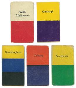 c1933 Australian (Giant Brand) Licorice "Victorian Club Colours", part set [5/24] - South Melbourne, Coburg, Northcote, Oakleigh & Sandringham. Mainly G/VG. Very scarce.