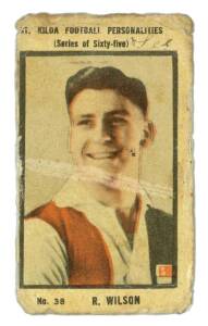 1938 St.Kilda Football Club "St.Kilda Football Personalities" card no.38 R.Wilson. Fair/G condition. Rarity 10 - this card not illustrated on Aussie Rules website.