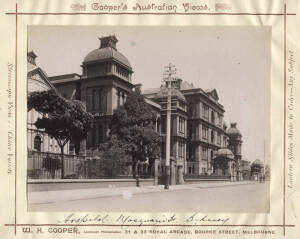 SYDNEY: c1880-1915 photographs of Sydney buildings, from "Cooper's Australian Views", noted Town Hall, Hotel Metropole, Hospital in Macquarie St, Chief Secretary's Office (2) & Lands Office; each 20x16cm, mounted on printed studio leaves (27x21cm) of vari