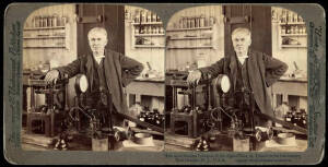 STEREO CARDS (2). Roses Australian Views, "Doncaster Tower". Underwood and Underwood card "The most famous Inventor of the Age Thomas A. Edison in his Laboratory...". Sawyer's bakelite View-Master and discs (12). Magic Lantern colour slides, box set of (8