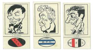 1954 Fyna Foods "Victorian Footballer Caricatures" with club colours at base, Complete set [24]. Mainly G/VG. Very scarce - the first complete set we have offered.