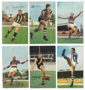 1965-66 Mobil "1965 Mobil Footy Photos - Victorian Footballers", almost complete set [34/40 + 1 spare]; plus "1966 Mobil Footy Photos - Victorian Footballers" [1/40]. Fair/G.