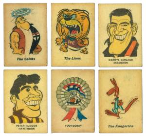 1968 Twisties/Sun Valley "1968 Football Game" Player Caricatures [2/24], Crests [3/12], Mascots [9/12], Rosettes [6/12] & Waverley Park; plus various spares (11). Fair/G.(Total 32).