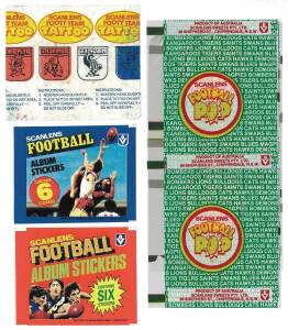 Scanlens football wrappers, noted c1970 "Scanlens Footy Team Tattoo"; Football Stickers packets for 1983 & 1984; "Scanlens Football Pop" (8 wrappers). Fair/G condition. (Total 11).