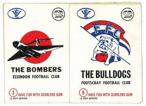 1974 Scanlens "Club Mascot Sticker Inserts", almost complete set [11/12 + 1 spare]. (6 pairs). Mainly G/VG. Scarce.