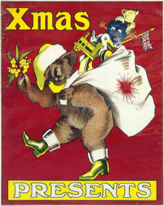 AUSTRALIANA Poster. Titled, "XMAS PRESENTS". Showing a Koala bear Santa with a sprig of Wattle in his hand. Printed by The Disabled. Men's Association of Australia. 45 x 54cm. Some damage upper left. Fair condition.