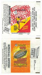 Scanlens football wrappers for 1977, 1979, 1982, 1984 (2), 1987 (2) & 1988 (8). Fair/G condition. (Total 15).