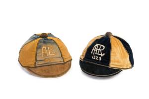 1923 & 1924 AUCKLAND RUGBY LEAGUE HONOUR CAPS, 1923 black & yellow velvet, embroidered "ARL 1923"; 1924 pale blue & yellow embroidered "ARL 1924". Both made by Cox's Hat factory. Good condition. (2 items).