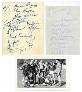 KANGAROOS: 1948-49 Australian RL autograph page with 9 signatures including Clive Churchill; 1956 autograph page with 14 signatures including Brian Davies; 1952-53 photo showing 9 players. (3 items).
