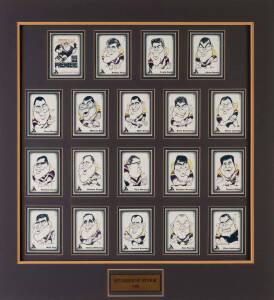 MELBOURNE STORM: Group with Melbourne Storm "Premiers 1999" jersey with 17 signatures; Melbourne Storm jersey with 'LAZARUS" & "8" on reverse; "99 Premiers" cards [19], window mounted, framed & glazed, overall 66x70cm.