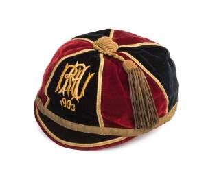 1902-03 AUCKLAND RUGBY HONOUR CAP, black & red velvet, embroidered "ARU 1903", with "1902" on panel alongside, maker's label "J.A.Cooper, Auckland" named to "Sandall".