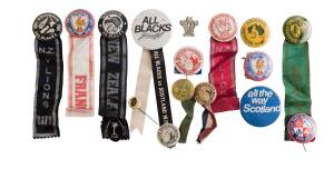 RUGBY UNION BADGES, wonderful collection, noted NSWRU 1925; Queensland Rugby Union 1934; All Blacks (12); British lions (10); Australia (5); Springboks (11); France (7); Ireland (7); Argentina (3); Fiji (2); Japan; Tonga; Wales (2); Scotland (5); England;