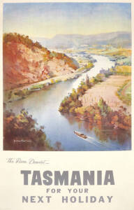 c1935 travel poster, "The River Derwent - TASMANIA, For Your Next Holiday", with artwork by James Northfield, colour process lithograph, printed by McLaren & Co., Melbourne, linen-backed, size 64x100cm. Condition A. {Illustrated on page 55 of "James North