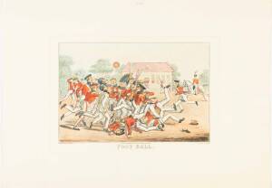 "FOOT BALL", restrike engravings (2), by Robert Cruikshank, engraved by George Hunt, attractive caricature of soldiers playing football on parade ground, originally published in London in 1827, size 56x40cm. (2 items).