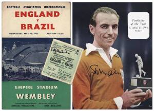 STANLEY MATTHEWS, group (4 items) with magazine pictures (2 - one signed); 1956 England v Brazil programme & signed ticket. Also&nbsp;1965 programme FA Cup 3rd Round -Torquay United v Tottenham Hotspur, with 17 Tottenham signatures on front cover including Mac
