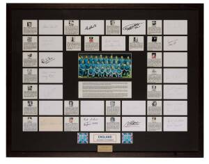 ENGLAND 1966 WORLD CUP SQUAD, display comprising 21 signed pieces, window mounted with team photo and biographies of each player, noted Bobby Charlton, Geoff Hurst, Gordon Banks, Alan Ball & Jimmy Greaves, framed & glazed, overall 98x77cm. With CoA.