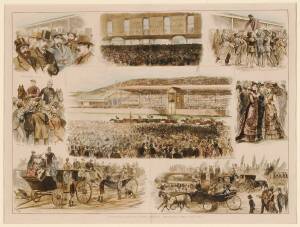 1879 MELBOURNE CUP: "Victoria Racing Club Spring Meeting -The Cup Day", double-page engraving by Julian Ashton from 'The Illustrated Australasian News' 1879, window mounted, overall 68x50cm.