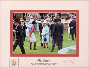 THE QUEEN'S JOCKEYS: Collection including jockey statue painted in the Queen's racing colours (purple body with red sleeves and gold braiding); framed photographs (9) & print signed by ten of her jockeys - Edgar Britt, Scobie Breasley, Ron Hutchinson, Geo