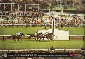 Ansett posters featuring Melbourne Cups for 1970 (Baghdad Note), 1972 (Piping Lane) & 1973 (Gala Supreme). Fair condition (two with old linen backing).