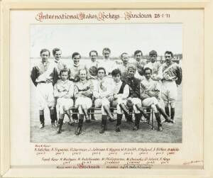 "International Stakes Jockeys - Sandown 23.1.71", photograph of 15 jockeys including Jim johnson (signed), Roy Higgins, Harry White, Pat Hyland, R.Hutchinson (UK), M.Philipperon (France), M.Owada (Japan), framed & glazed, overall 32x27cm.