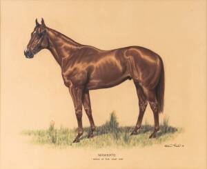 MANIKATO: Original pastel by Helen Krieg, "Manikato, Horse of the Year 1979", signed "Helen Preiss" and dated "79" lower right, window mounted, framed & glazed, overall 69x59cm.