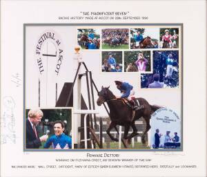 FRANKIE DETTORI: Display "The Magnificant Seven" commemorating Frankie's 7 winners at Ascot on 28th September 1996, signed by Frankie Dettori, limited edition 3/50, window mounted, framed & glazed, overall 55x48cm.