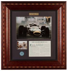 JACK BRABHAM, display "Sir Jack Brabham OBE", with signature on nice action photograph, window mounted, framed & glazed, overall 53x56cm. With CoA.