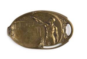 1924 PARIS OLYMPICS COMMEMORATIVE PLAQUE: Attractive art deco plaque showing athlete and view of the stadium, engraved by Pierre Lasserre (French sculptor & medallist, 1870-1943). Attractive and scarce.