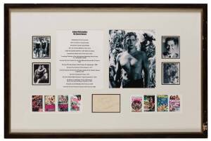 JOHNNY WEISSMULLER (1904-84, after winning an unprecedented five gold medals at the Olympic Games in 1924 and 1928, Weissmuller went on to become the best known and best loved of all the screen Tarzans), display comprising signature on piece, window mount