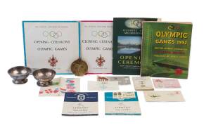 OLYMPICS COLLECTION, noted pair of c1948 metal dessert bowls decorated with Olympic Flag; "Olympic Games 1952, British Olympic Association, Official Report"; 1956 Melbourne Olympics - programmes (3), LP records for Opening & Closing Ceremonies, ticket, mi