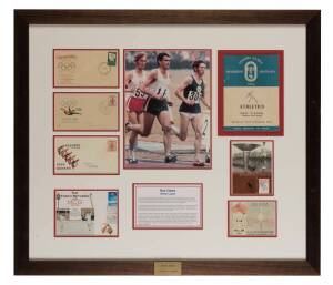 RON CLARKE, display comprising signed postcard, window mounted with action picture, 1956 Olympics programme, 1956 Olympics ticket & covers (4), framed & glazed, overall 76x66cm.