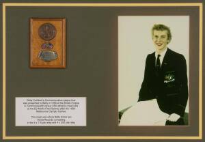 BETTY CUTHBERT'S COMMEMORATIVE PLAQUE: Plaque with "The Amateur Athletic Union of Australia" medallion, over crossed Union Jack & Stars and Stripes, with plate engraved&nbsp;"British Empire & Commonwealth v U.S.A., Sydney 1956", window mounted with colour phot