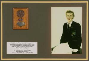 BETTY CUTHBERT'S COMMEMORATIVE PLAQUE: Plaque with "The Amateur Athletic Union of Australia" medallion, over crossed Union Jack & Stars and Stripes, with plate engraved "British Empire & Commonwealth v U.S.A., Sydney 1956", window mounted with colour phot