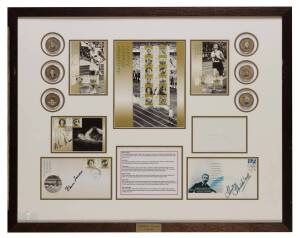 "AUSTRALIAN OLYMPIC LEGENDS" display comprising signed items by Ron Clarke, Shirley Strickland, Murray Rose (2), Betty Cuthbert, Marjorie Jackson & Dawn Fraser, window mounted with commemorative medallions, framed & glazed, overall 76x60cm.