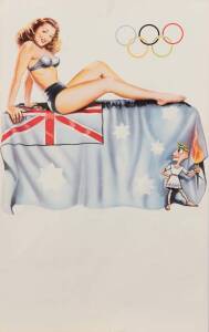 1956 MELBOURNE OLYMPICS:&nbsp;Calender blanks, one showing gorgeous girl seated on Australian flag; the other showing Olympic rings, torch and MCG; each 31x50cm.
