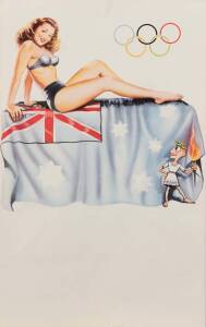 1956 MELBOURNE OLYMPICS: Calender blanks, one showing gorgeous girl seated on Australian flag; the other showing Olympic rings, torch and MCG; each 31x50cm.