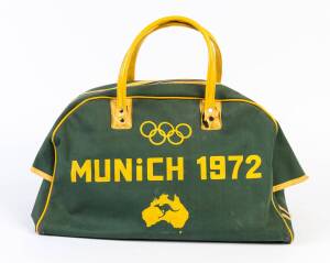 1972 MUNICH OLYMPICS, travel bag, green with yellow piping, printed on front "(Olympic Rings)/ MUNiCH 1972/ (Kangaroo inside map of Australia)".