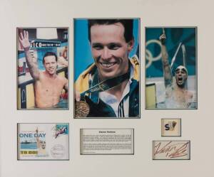 FRAMED DISPLAYS, noted signed displays for Kieren Perkins, Grant Hackett, Ed Moses, Michael Johnson, Steve Redgrave; plus mini-oar commemorating James Tomkins & Drew Ginn. All framed, various sizes. (6 items).