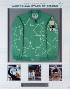 2004 ATHENS, Australian Olympic Opening Ceremony Blazer, attractively window mounted with signed photographs by Australian flag bearer Colin Beasel, Ian Thorpe & Grant Hackett, limited edition 15/50, framed & glazed, overall 112x138cm.