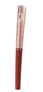 2008 BEIJING OLYMPIC TORCH, red and anodized aluminum, 72cm long, curved form in the shape of a paper scroll, with lucky clouds graphic expressing harmony. Superb condition in original box. The torch relay started in Olympia, Greece, on March 24, traveled